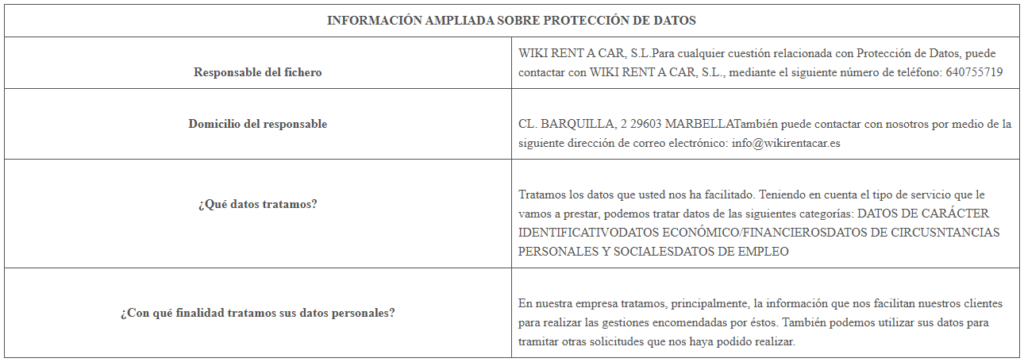 Detailed data protection information table - Wiki Rent A Car