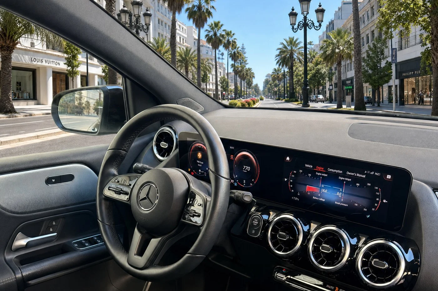 Interior of a Wiki Rent A Car hire car driving along Avenida Ricardo Soriano in Marbella