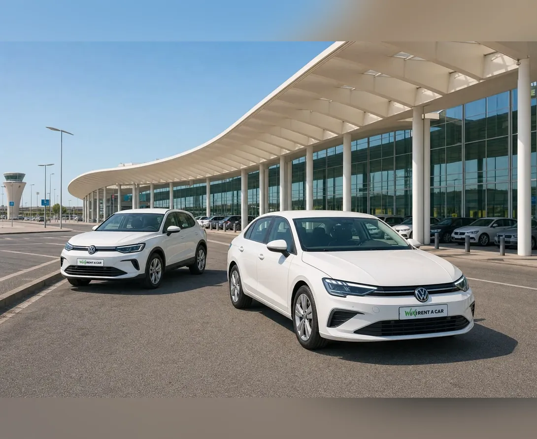 Dos coches de alquiler de Wiki Rent A Car aparcados frente a la terminal del Aeropuerto de Malaga